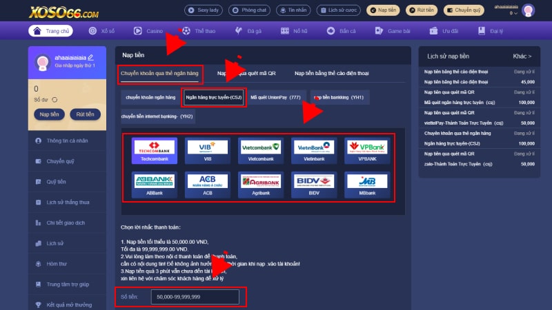 Nạp tiền ngân hàng trực tuyến Xoso66 